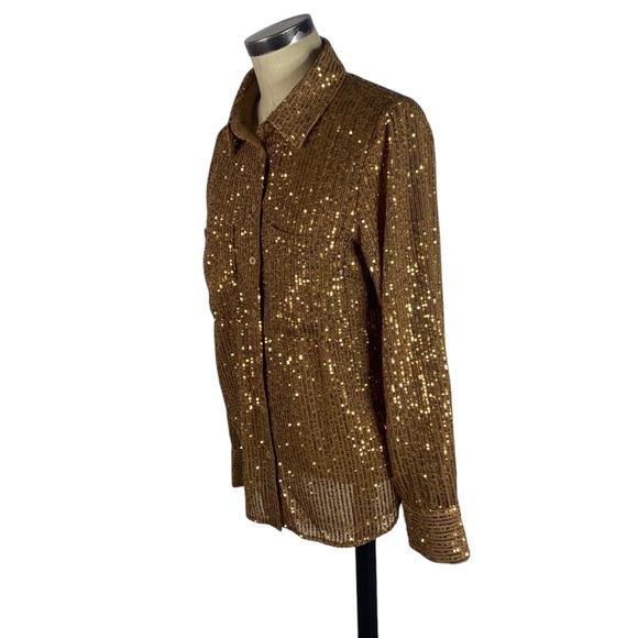 Anthropologie Remie Sequin Button Front Shirt Blouse Large Gold Bronze Top - Picture 4 of 13